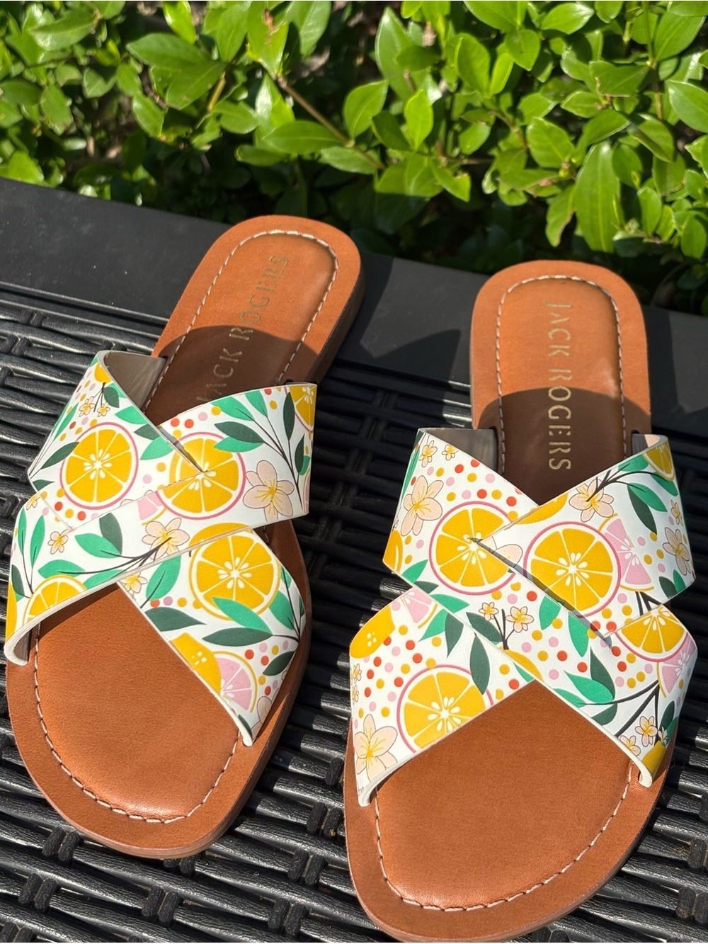 Jack Rogers Brown Leather Slide Sandals with Yellow Citrus Print